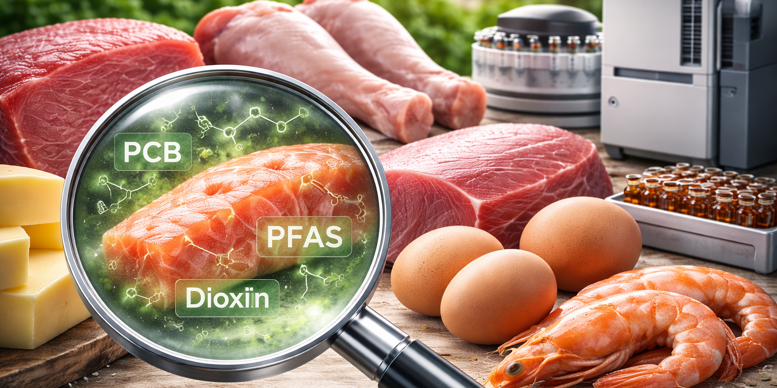 Eine Lupe über verschiedenen tierischen Lebensmitteln, in der PFAS, PCB und Dioxine angedeutet sind, im Hintergrund ein Messgerät