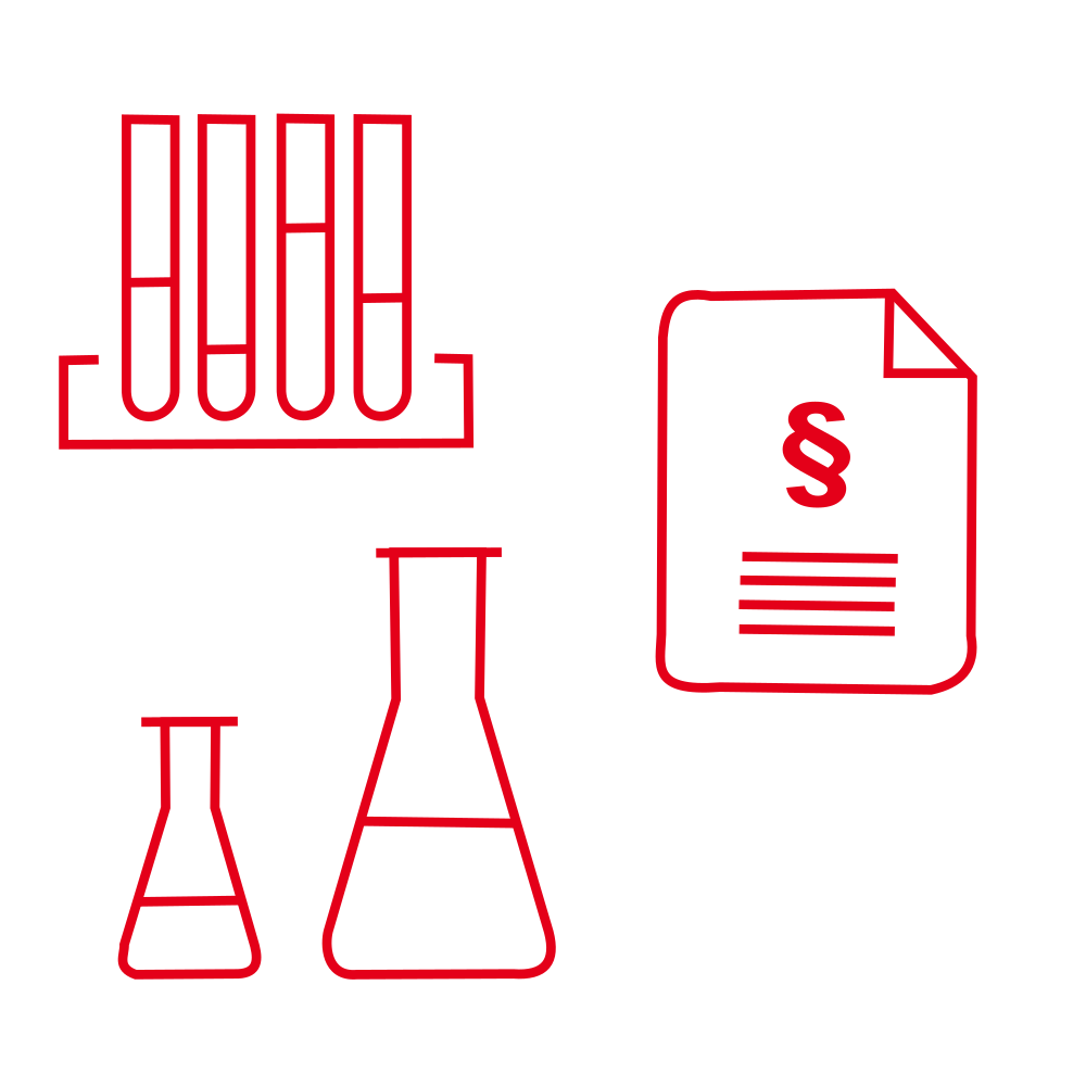 Schematische Darstellung von zwei gefüllten Erlenmeyerkolben und einem Gesetzbuch
