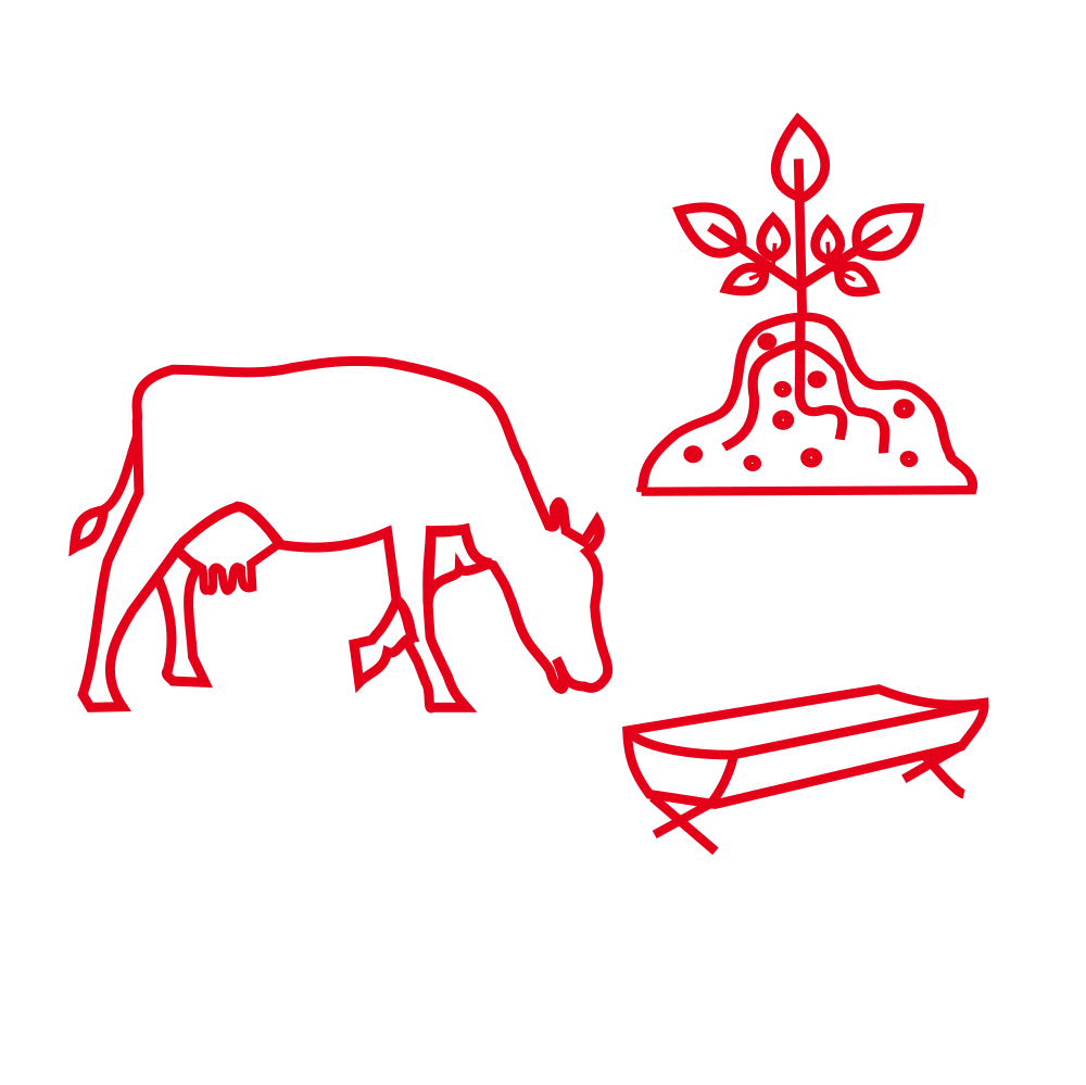 Schematische Darstellung von Boden mit einer Pflanze und einem Tier vor einem Futtertrog