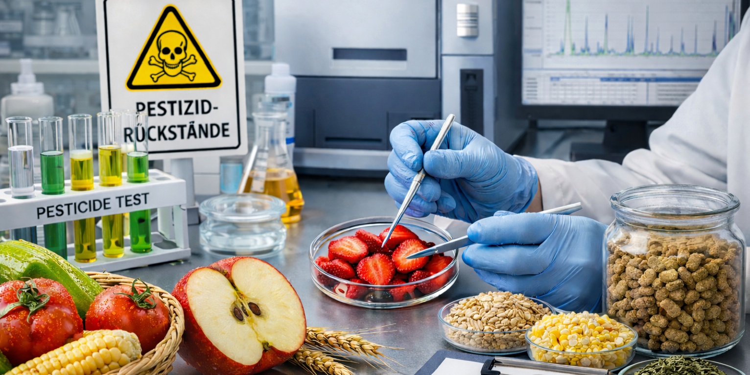 Lebensmittel- und Futtermittelproben im Labor mit einem Schild Pestizidanalytik, im Hintergrund Messgeräte
