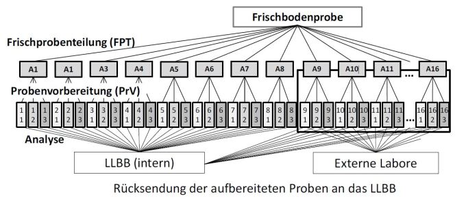 Grafische Darstellung der Aufteilung der verschiedenen Proben nach Frischprobenteilung, Probenvorbereitung und Analyse zwischen LLBB und externen Laboren